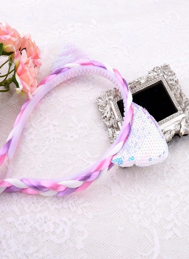 YangQian Cat Hair Accessories for Girls Halloween Cat Ear Headband with Long Braids Cosplay Costume Party Headwear for Teen Girl Xmas Headband Sparkly Hairbands Holiday Princess Head Bands Fake Braid Hair Band - Image 5